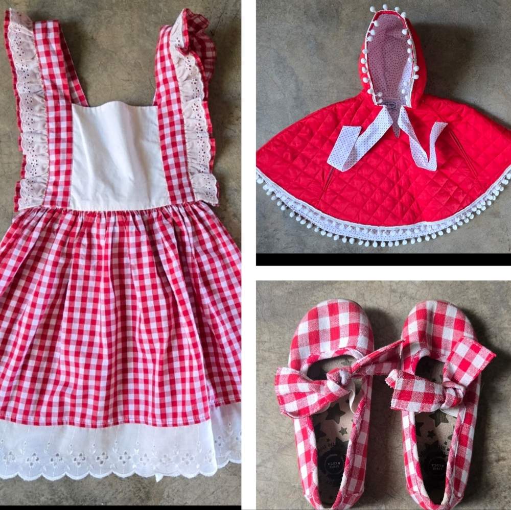 🎈Girls Red White Outfit Holiday Ensemble Dress Cape Gingham Shoes 3T 4T